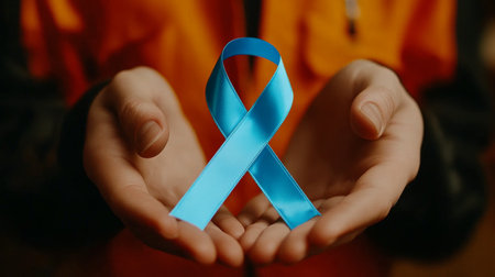 Close-up of Persons Hands Holding a Sky Blue Awareness Ribbon for Prostate Cancer Support.の素材
