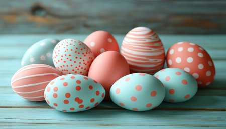 Group of turquoise and coral painted Easter eggs with polka dot patterns on a blue wooden backgroundの素材