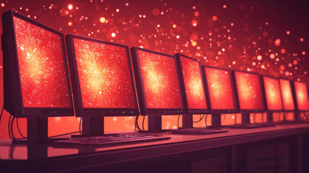 Glowing Network Abstract Technology Background with Computer Monitors and Red Data Streamsの素材