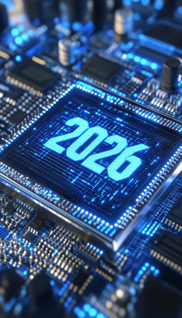 2026 Etched onto a Circuit Board, Symbolizing Technological Advancements in the Near Futureの素材