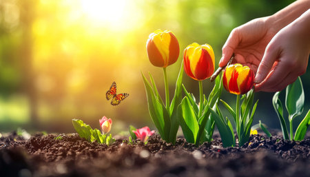 Spring Garden. Close-up of Gardener s Hands Planting Tulip Bulb in Fertile Soil, Bathing in Sunraysの素材