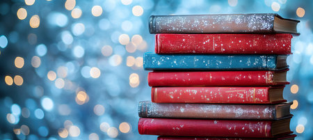 Stack of vintage books with frosted covers against a blurred twinkling light. back to school conceptの素材