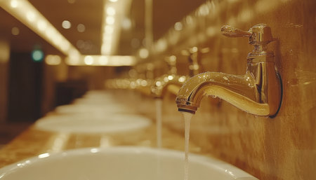 Gleaming Bathroom Faucets Row of Elegant Gold Faucets with Flowing Water and Soft Focus Backgroundの素材