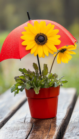 Blooming Security Vibrant Sunflowers Sheltered by a Red Umbrella, Symbolizing Protectionの素材