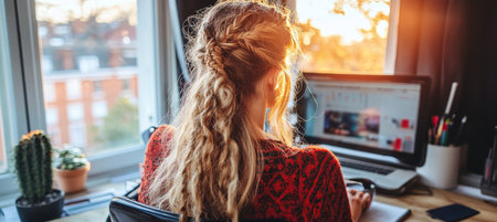 Young Woman with Long Braided Hair Working Remotely from Home Office at Sunset with Sun Flareの素材