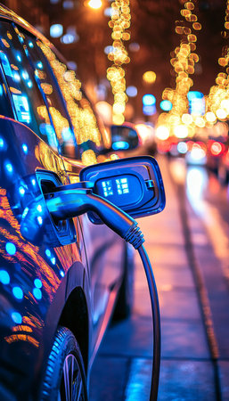 Electric Vehicle Charging at Night, with City Lights and Charging Station Display in the Backgroundの素材