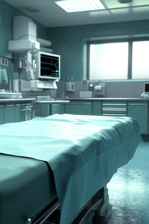 Empty Operating Room, Surgical Table in Focus, Medical Equipment, Healthcare, Surgeryの素材