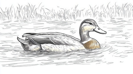 Mallard Duck Swimming Peacefully in Water, Wildlife Illustration, Ready for Coloring Book, Vectorの素材