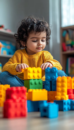 Young Child Engrossed in Building with Colorful Blocks, Perfect for Educational Contentの素材