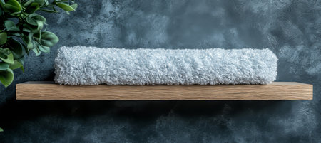Folded Gray Hand Towel on an Oak Shelf Against a Textured Dark Background with Green Foliage Cropの素材