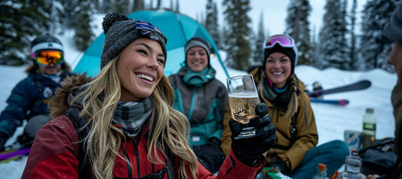 Celebrating on the Slopes Joyful Skiers Toasting with Champagne after a Day of Winter Adventureの素材