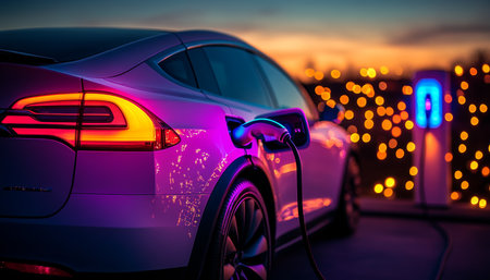 Electric Vehicle Charging at Dusk with Blurred City Lights, Future of Transportation, Clean Energy.の素材