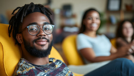 Portrait of a Young Man Relaxing on a Yellow Sofa, with Out-of-Focus People in the Backgroundの素材