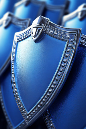 Blue Security Shields, Protection Background. Abstract Concept With Rows of Metallic Armorの素材