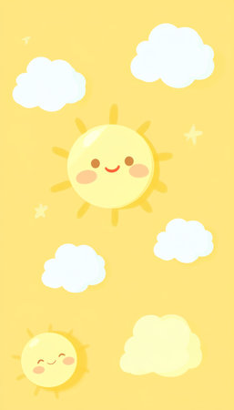 Cute Smiling Suns and Fluffy Clouds on Yellow Background, Cheerful Summer Design Elementの素材