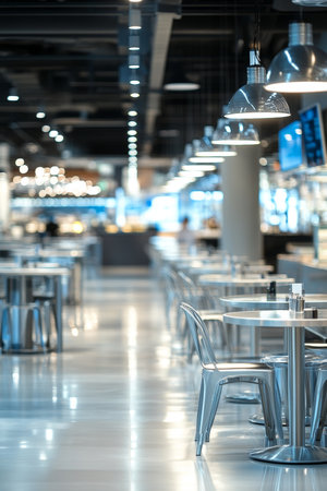 Empty Food Court, Modern Interior Design with Blurred Background, Stainless Steel Tables and Chairsの素材