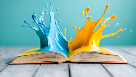 Open Book with a Splash of Blue and Yellow Paint, Concept of Creativity, Imagination and Knowledgeの素材