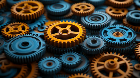 Blue And Yellow Gears And Cogs Abstract Background, Industrial Design, Teamwork Conceptの素材