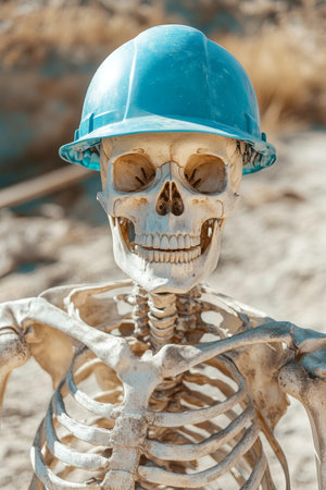 Skeleton Construction Worker With Blue Hard Hat, On-Site Safety, Labor, And Mortality Conceptの素材