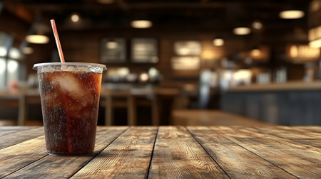 Ice Cold Soda in a Plastic Cup on a Rustic Wooden Table in a Blurred Restaurant Interiorの素材