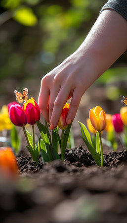 Gardener s Delicate Touch Planting a Colorful Variety of Tulips in the Spring Gardenの素材