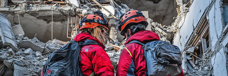 Rescue operation workers assessing damage after disaster, providing earthquake relief.の素材
