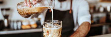 Barista s Hands Pouring Frothed Milk into Iced Coffee, Creating Layered Beverage in Cafe Atmosphereの素材
