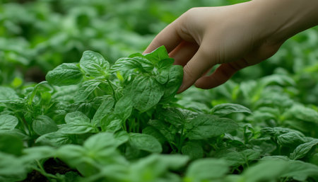 Close-up, Woman s Hand Harvesting Fresh, Green Herbs in a Lush Garden, Concept of Gardeningの素材