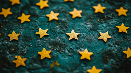 Sparkling Gold Stars Scattered on a Deep Green Textured Background, Festive Design Elementの素材