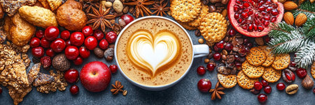 Cup of Coffee with Latte Art and Assortment of Christmas Treats, Top View. Holiday Food Background.の素材