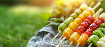 Colorful Fruit Skewers. Delicious Summer Dessert With Fresh Fruits And Berries For Picnicの素材