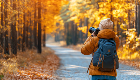 Woman Exploring Autumn Forest, Capturing Scenic Beauty. Travel and Outdoor Adventure Photography.の素材