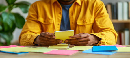 Close-up Person in Yellow Using Smartphone Surrounded by Colorful Notes for Planning and Organizingの素材