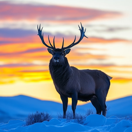 Majestic Red Deer Standing on Snow Covered Hills, Silhouetted Against a Vibrant Sunset.の素材