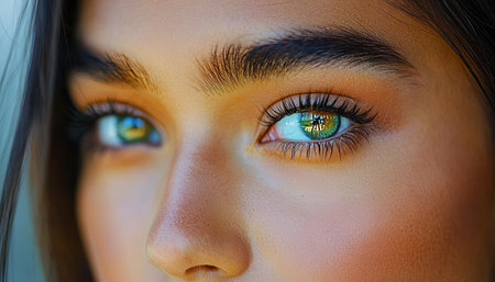 Close-up Of Young Woman With Beautiful Green Eyes, Perfect Vision, And Healthy Eyebrows.の素材