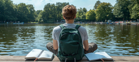 Peaceful Retreat Young Adult Finds Serenity with Journaling by the Lake Amidst Natureの素材