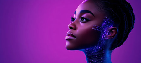 Futuristic Portrait Of A Young Woman With Glowing Circuits And Holographic Elements Intertwinedの素材