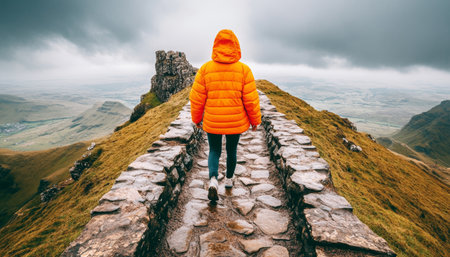 Lone Adventurer Conquering Majestic Mountain Trail, Epic Landscape Views of Untamed Wildernessの素材