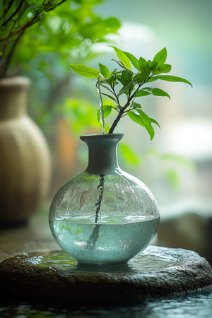 Green Plant in Glass Bottle with Water Droplets, Serene Background for Sustainabilityの素材