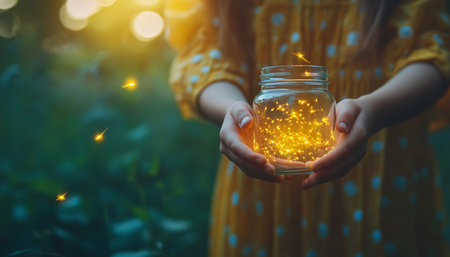 Child Holding Jar of Glowing Fireflies on a Warm Summer Evening, Nature and Family Funの素材