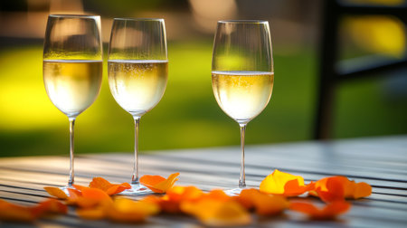 Three Champagne Glasses, Rose Petals, Romantic Celebration, Golden Hour, Valentines Dayの素材