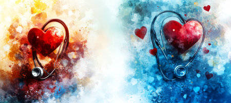 Healthcare Abstract Colorful Medical Background with Stethoscopes and Hearts on Artistic Canvasの素材