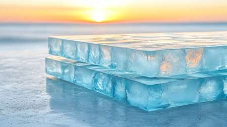 Transparent Ice Blocks Stack of Icy Cubes on Frozen Lake at Sunset, Winter Landscape Backgroundの素材