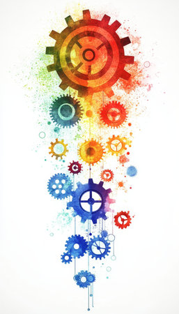 Watercolor Gears A Vibrant Symbol of Innovation, Motion, Teamwork, and Industrial Creativityの素材