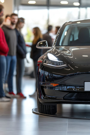 Modern Electric Car Dealership Potential Customers Admire Sleek and Eco-Friendly Vehicleの素材