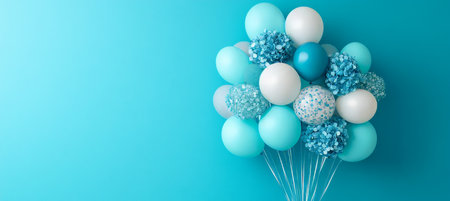 Teal and White Celebration A Bouquet of Balloons Tied with Ribbon on a Teal Backgroundの素材
