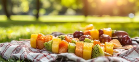 Fresh Fruit Skewers For A Summer Picnic In The Park. A Healthy Dessert or Snack On A Blanket,の素材