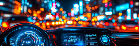 Futuristic Electric Car Interior with Advanced Technology and Blurred City Lights Backgroundの素材