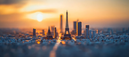 Parisian Skyline at Sunset Eiffel Tower Silhouette Dominates Urban Landscape with Golden Lightの素材