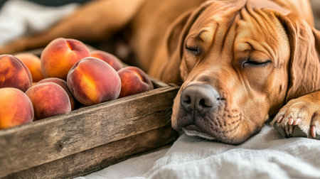Peaceful Summer Nap Content Dog Relaxes Near Rustic Crate Overflowing with Ripe Peachesの素材